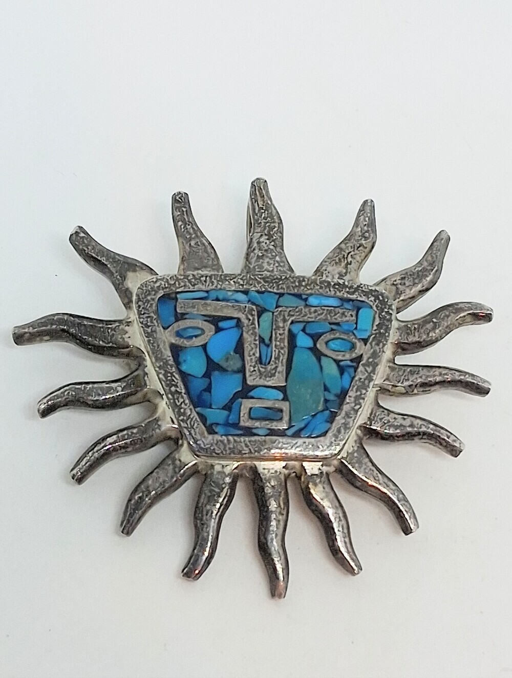 * Vintage Taxco Mexico 925 Mayan Aztec Sun W/ Turquoise Inlay Pin Brooch Pendant